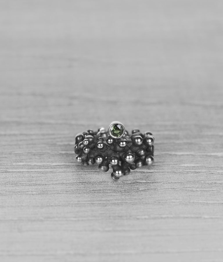"Colony" silver ring with green sapphire